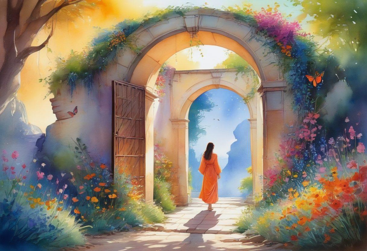 A captivating journey scene featuring an open gateway adorned with glowing credentials, bathed in warm sunlight. On one side, a person ready for transformation, shedding old layers, while on the other side, a vibrant landscape symbolizes self-discovery and charm, filled with butterflies and flowers. The overall atmosphere should evoke hope and positivity. watercolor painting. vibrant colors. enchanting details.
