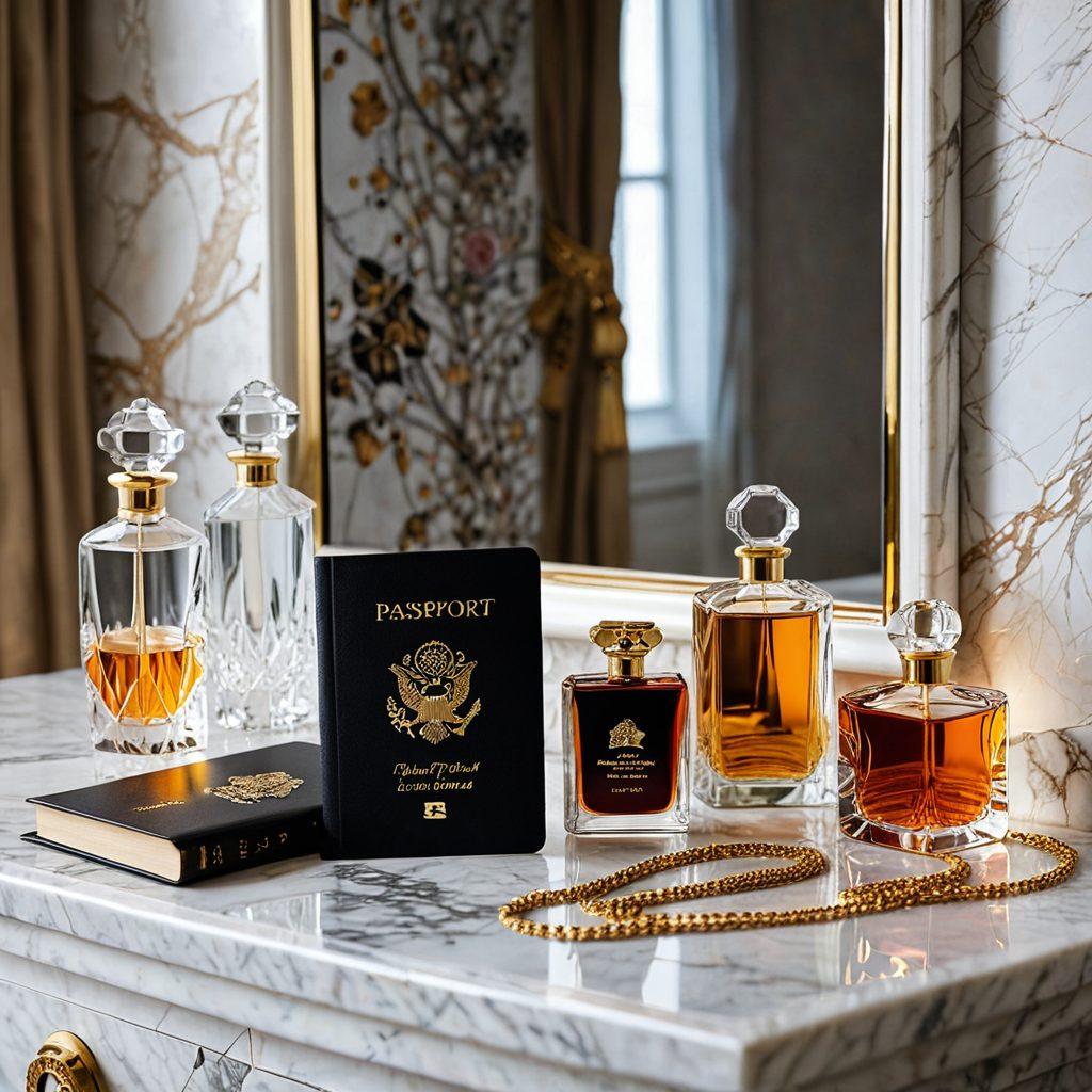 A luxurious passport elegantly lying on a polished marble surface, surrounded by delicate beauty items like a vintage mirror, exquisite perfume bottles, and shimmering jewels. Soft light filters through a nearby window, casting gentle shadows that highlight the textures of the items. The scene blends elements of travel and beauty, symbolizing a journey to elegance and security. super-realistic. vibrant colors. soft lighting.