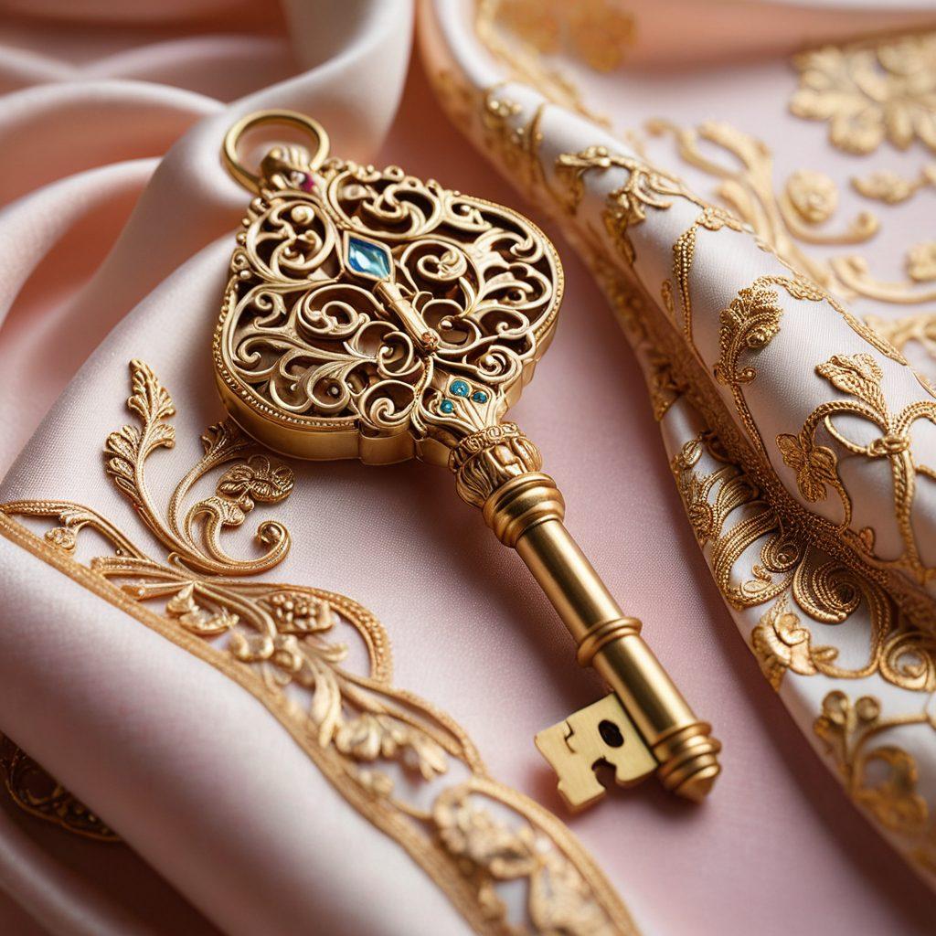 An ornate key made of intricate gold filigree, symbolizing elegance and access, surrounded by soft, flowing silk fabric in pastel colors. In the background, a subtle blend of luxurious textures, like velvet and lace, suggesting assurance and sophistication. Gentle light illuminating the key, creating a warm and inviting atmosphere. super-realistic. vibrant colors. soft focus.